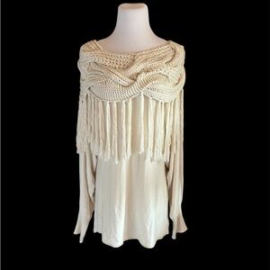 Addison M Ivory Fringe Cowl Shawl Scarf Long Dolman Sleeve Boho Pullover Sweater